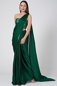 Emerald Green Saree With Metallic Bustier Design by Amit Aggarwal at ...