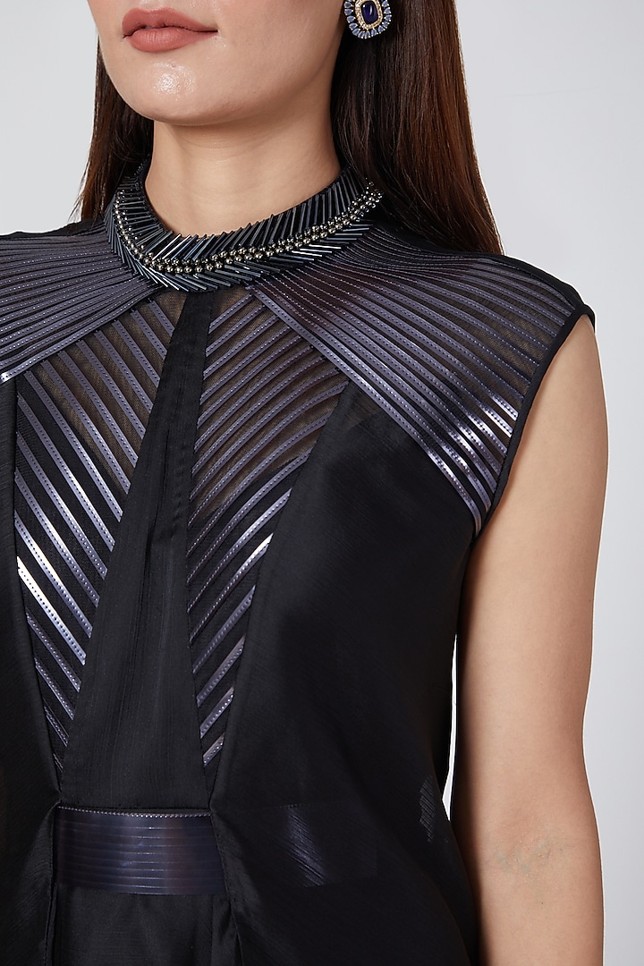 Black Chiffon Hand Embroidered & Metallic Polymer Panelled Cocktail Dress by Amit Aggarwal at Pernia's Pop Up Shop