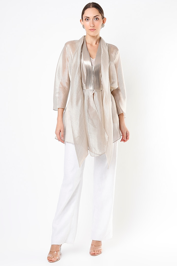 Champagne Striped Fabric Shawl Collar Shirt by Amit Aggarwal at Pernia's Pop Up Shop