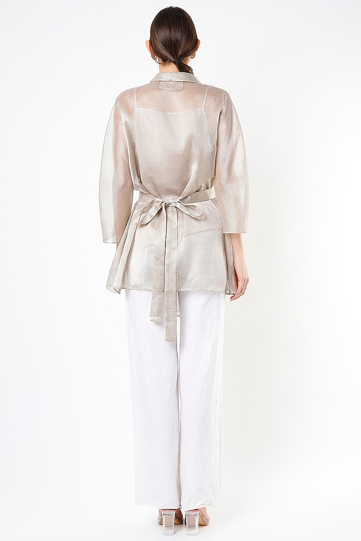 Champagne Striped Fabric Shawl Collar Shirt by Amit Aggarwal at Pernia's Pop Up Shop