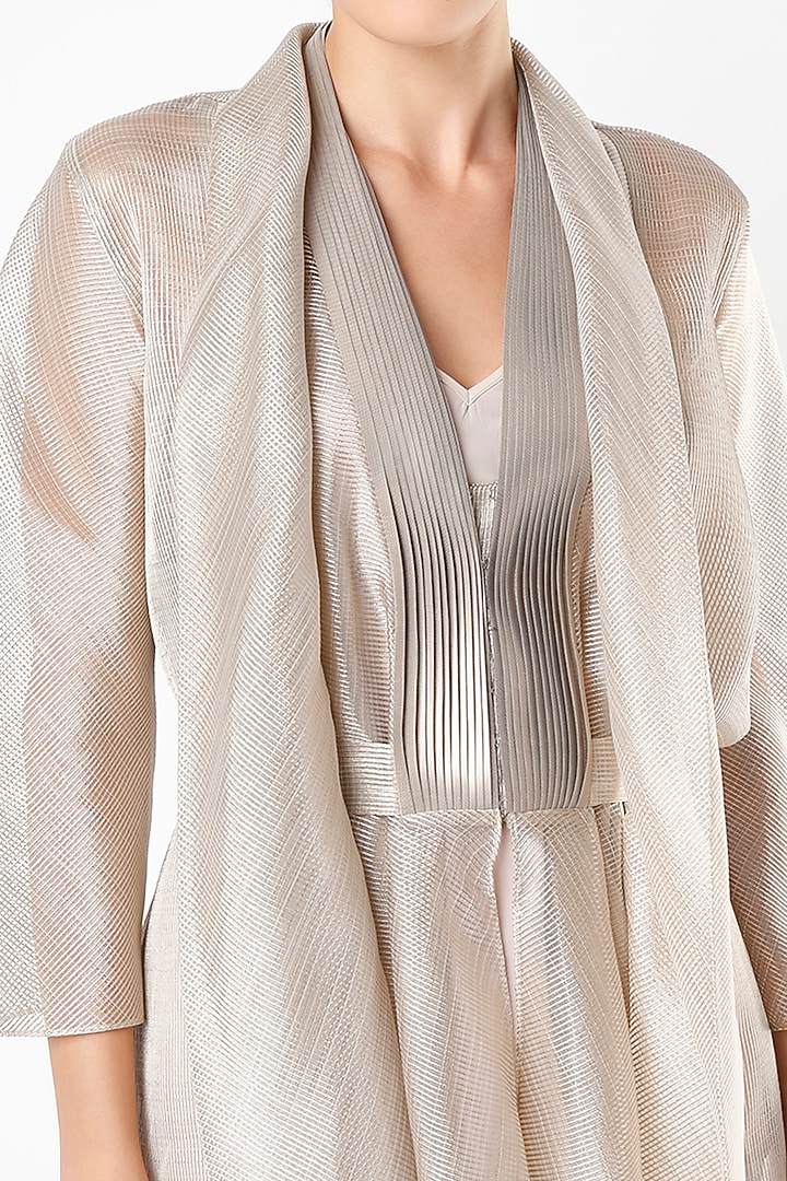 Champagne Striped Fabric Shawl Collar Shirt by Amit Aggarwal at Pernia's Pop Up Shop