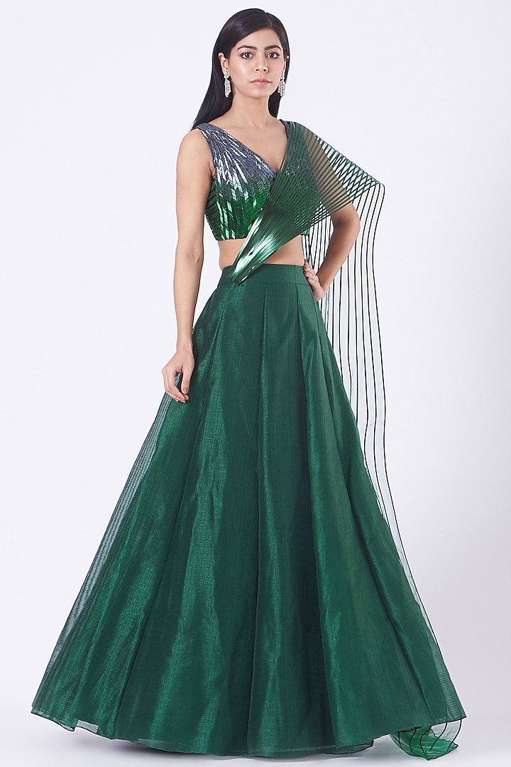 Emerald Green Striped Fabric Tulle Lehenga Set by Amit Aggarwal
