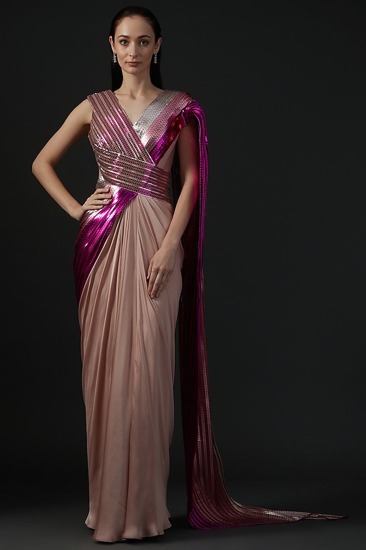Blush Pink Ombre Chiffon Gown by Amit Aggarwal