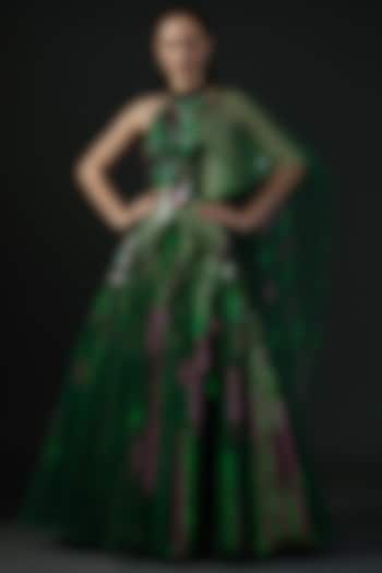 Emerald Green Striped & Tulle Lehenga Set by Amit Aggarwal