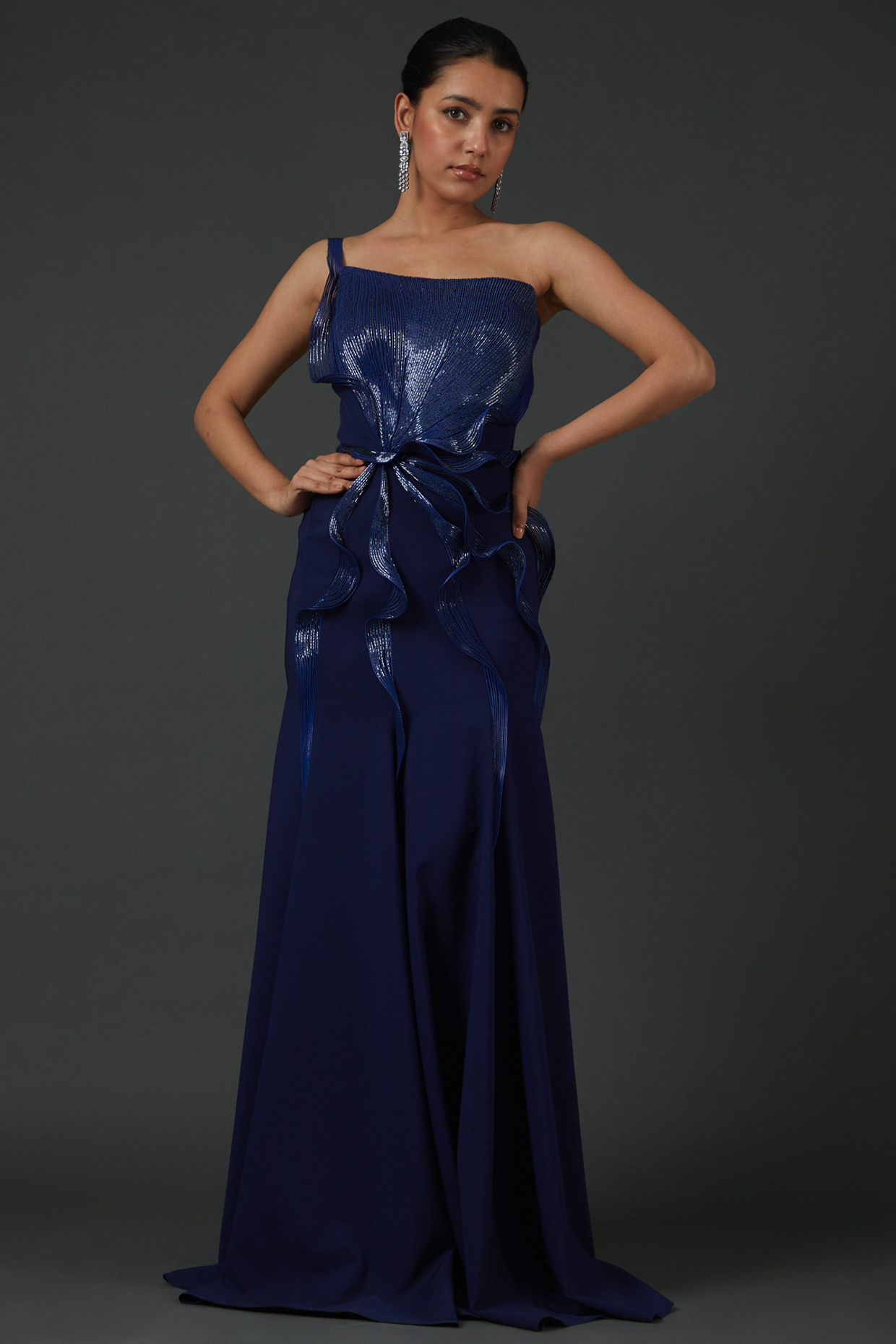 Ink Blue Banana Crepe Engagement Gown by Amit Aggarwal at Pernia's Pop Up Shop