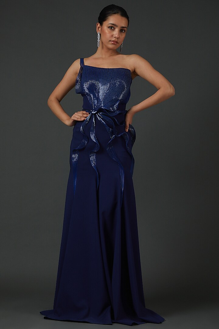 Ink Blue Banana Crepe Gown by Amit Aggarwal