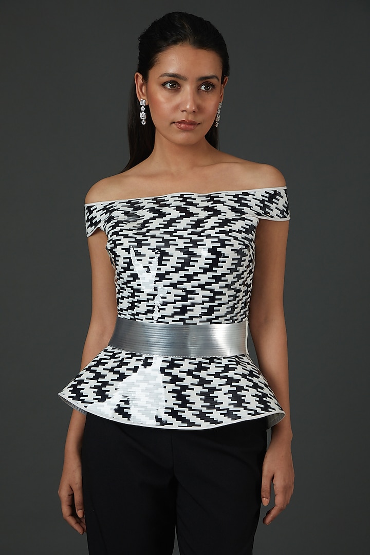 Black & Ivory Polymer Peplum Top by Amit Aggarwal