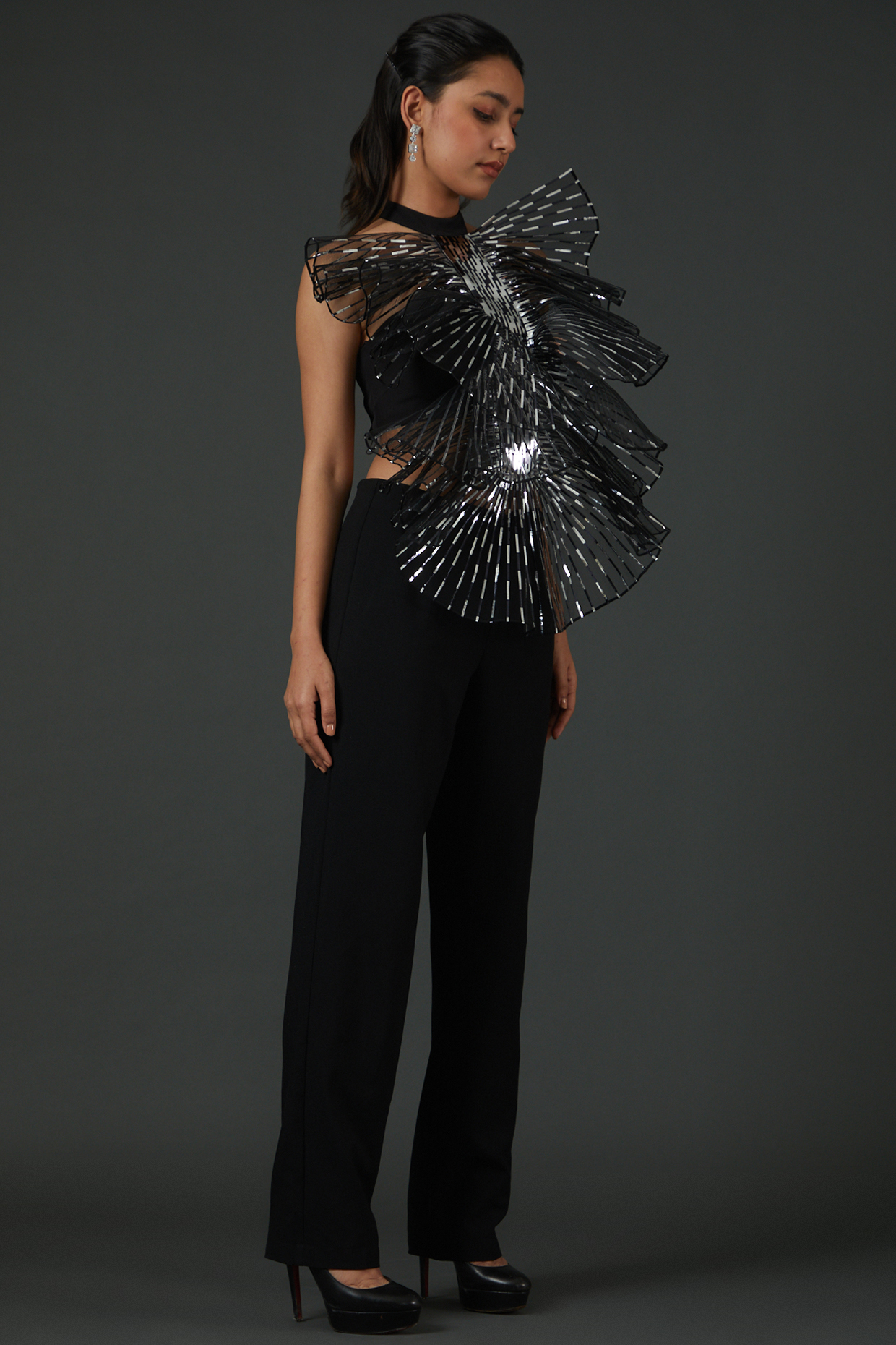 Black Stretch Crepe Ruffled Halter Top by Amit Aggarwal