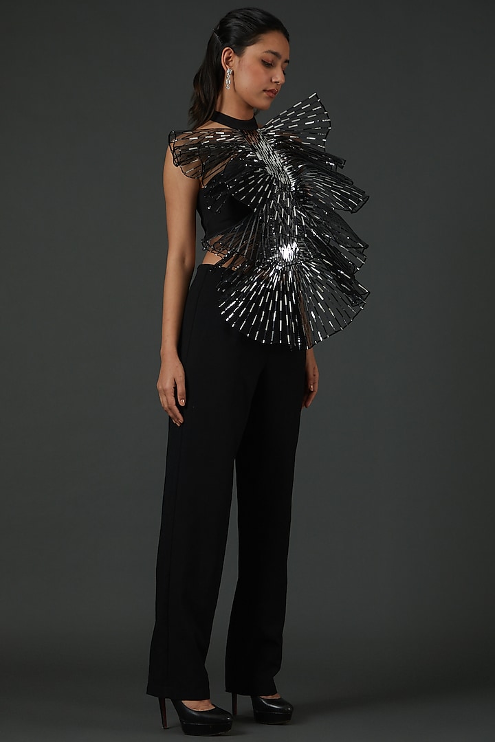 Black Stretch Crepe Ruffled Halter Top by Amit Aggarwal