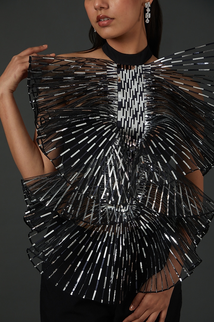 Black Stretch Crepe Ruffled Halter Top by Amit Aggarwal at Pernia's Pop Up Shop
