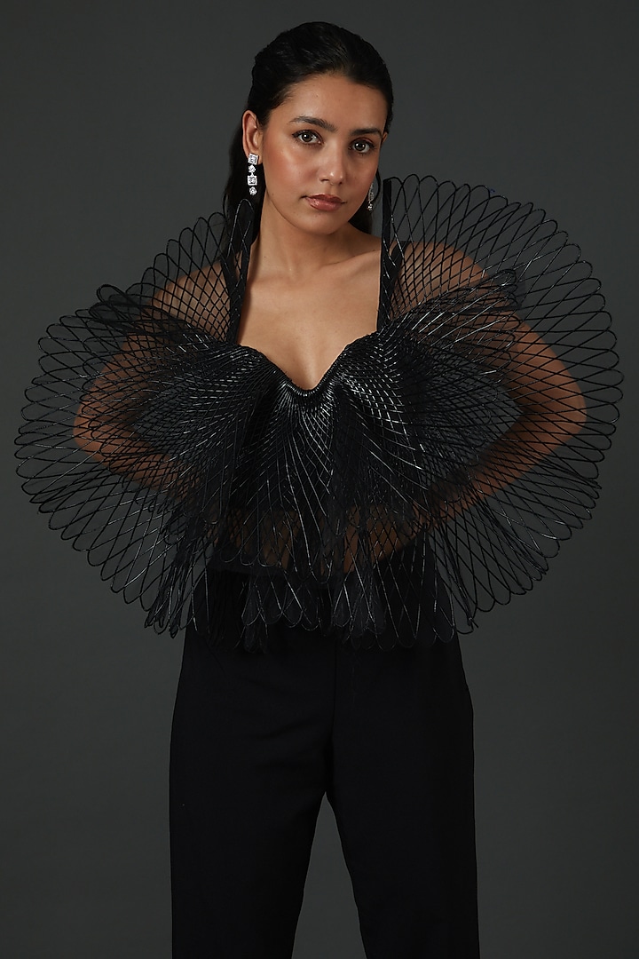 Black Stretch Crepe Ruffled Top by Amit Aggarwal