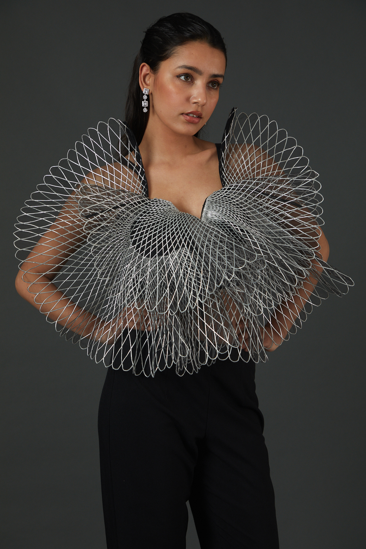 Silver Stretch Crepe Ruffled Top by Amit Aggarwal at Pernia's Pop Up Shop
