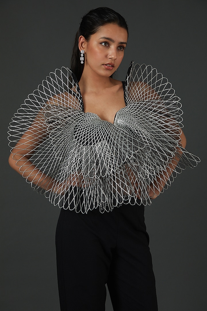 Silver Stretch Crepe Ruffled Top by Amit Aggarwal at Pernia's Pop Up Shop