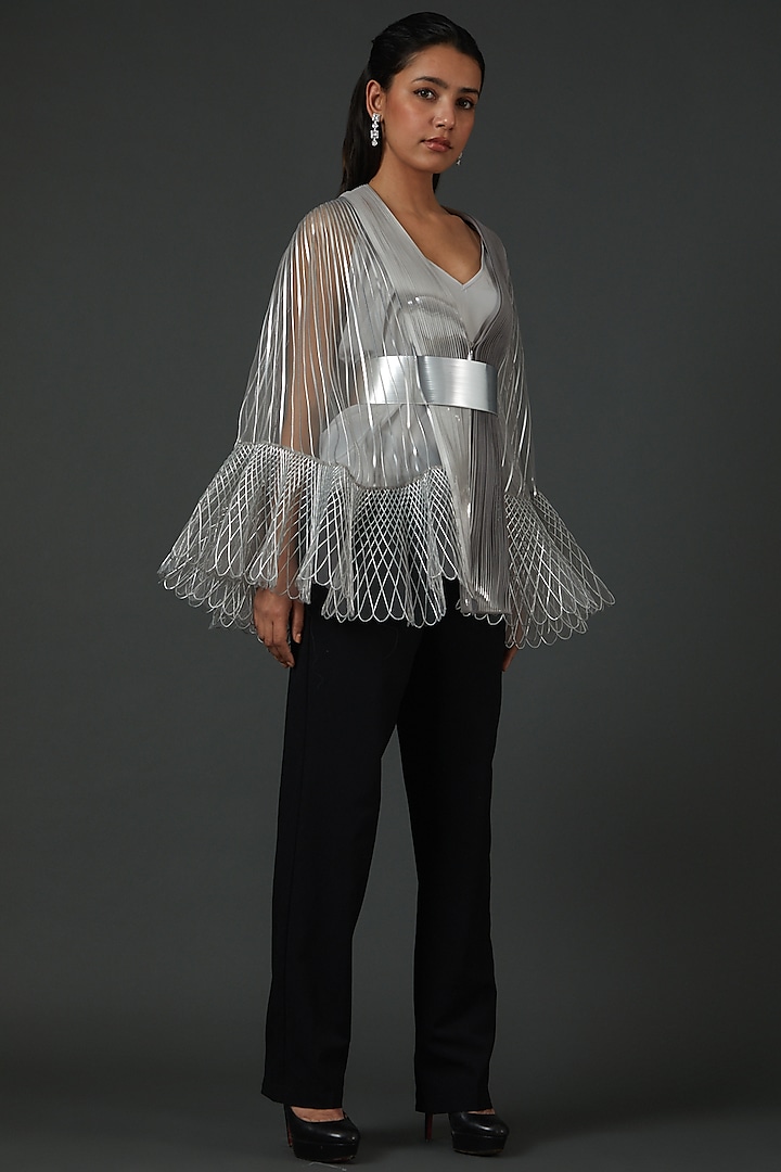 Silver Polymer Hand Corded Cape by Amit Aggarwal