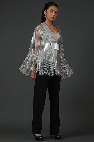 Silver Polymer Hand Corded Cape by Amit Aggarwal