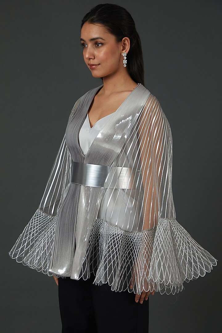 Silver Polymer Hand Corded Cape by Amit Aggarwal at Pernia's Pop Up Shop