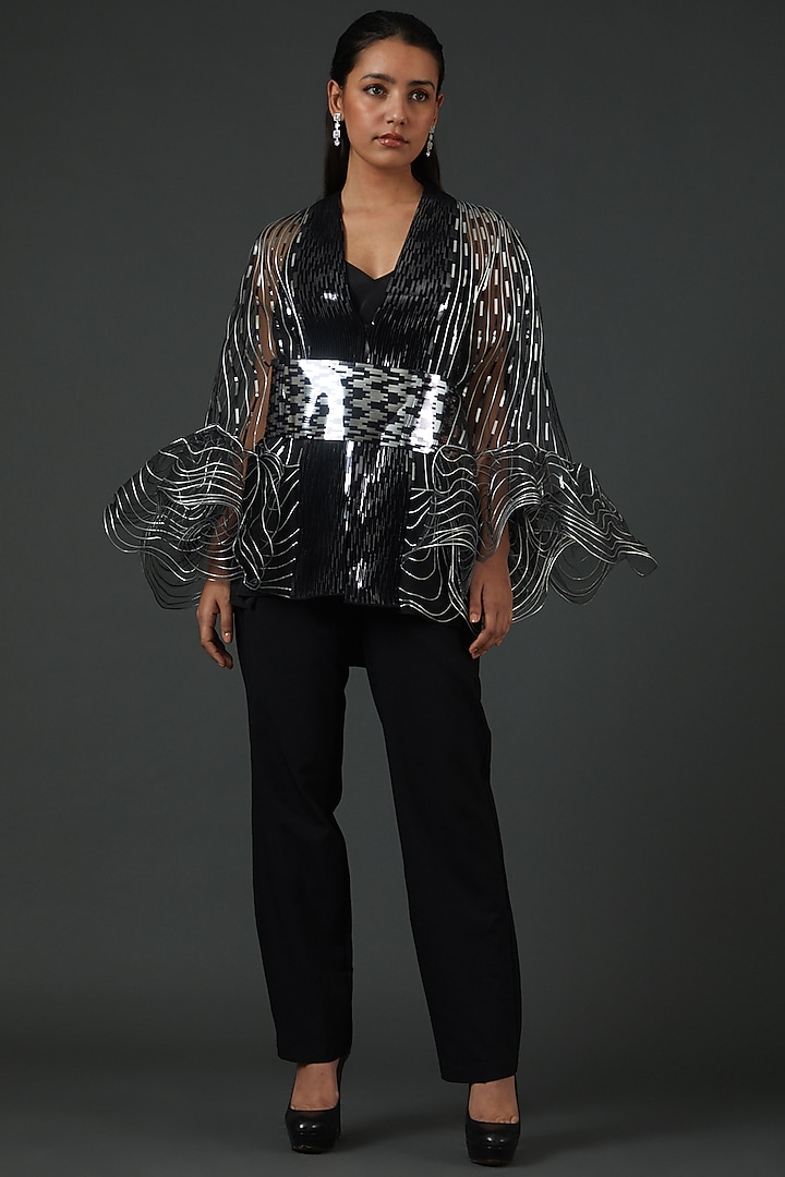 Black & Silver Polymer Corded Cape by Amit Aggarwal