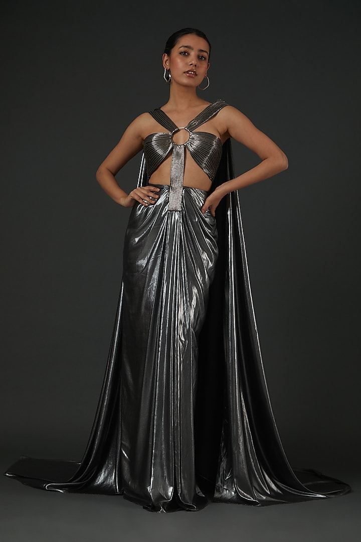 Grey Interlock Cut-Out Draped Gown by Amit Aggarwal
