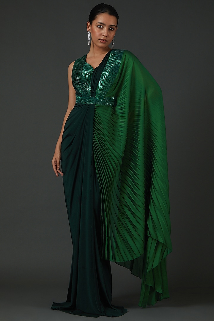 Emerald Ombre Jersey Gown Saree by Amit Aggarwal