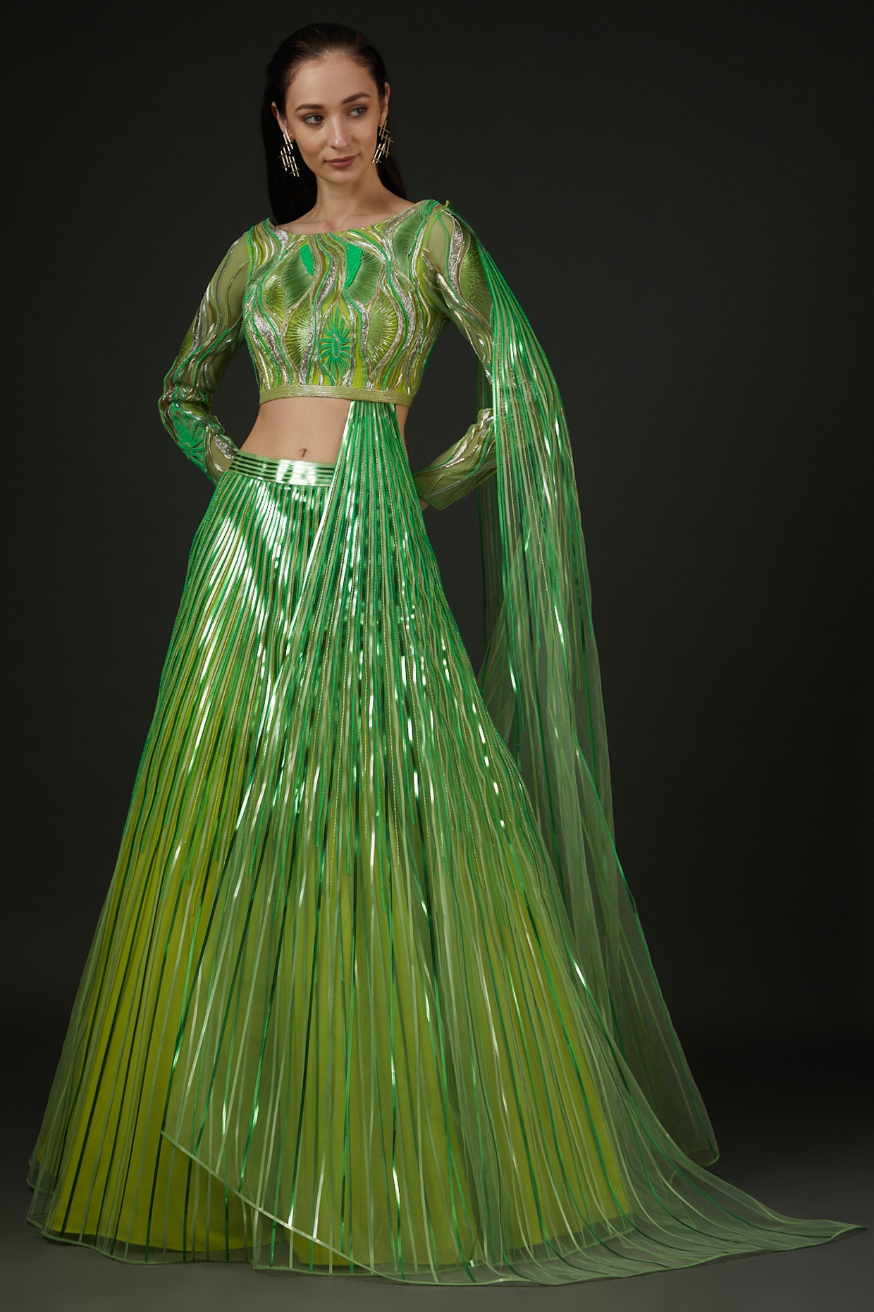 LIME GREEN OMBRÉ CHIKAN LEHENGA SET WITH A HAND EMBROIDERED BLOUSE AND  MATCHING CHIKAN DUPATTA. - Seasons India