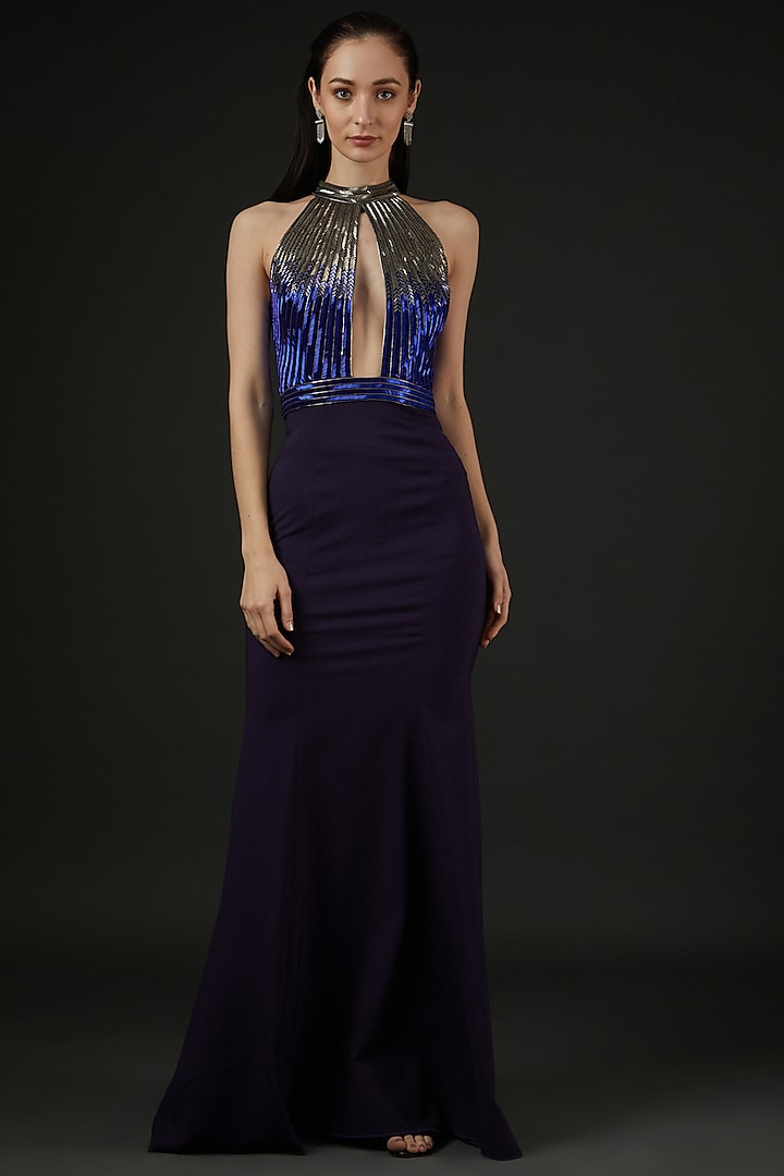 Blue Ombre Net Embroidered Gown by Amit Aggarwal