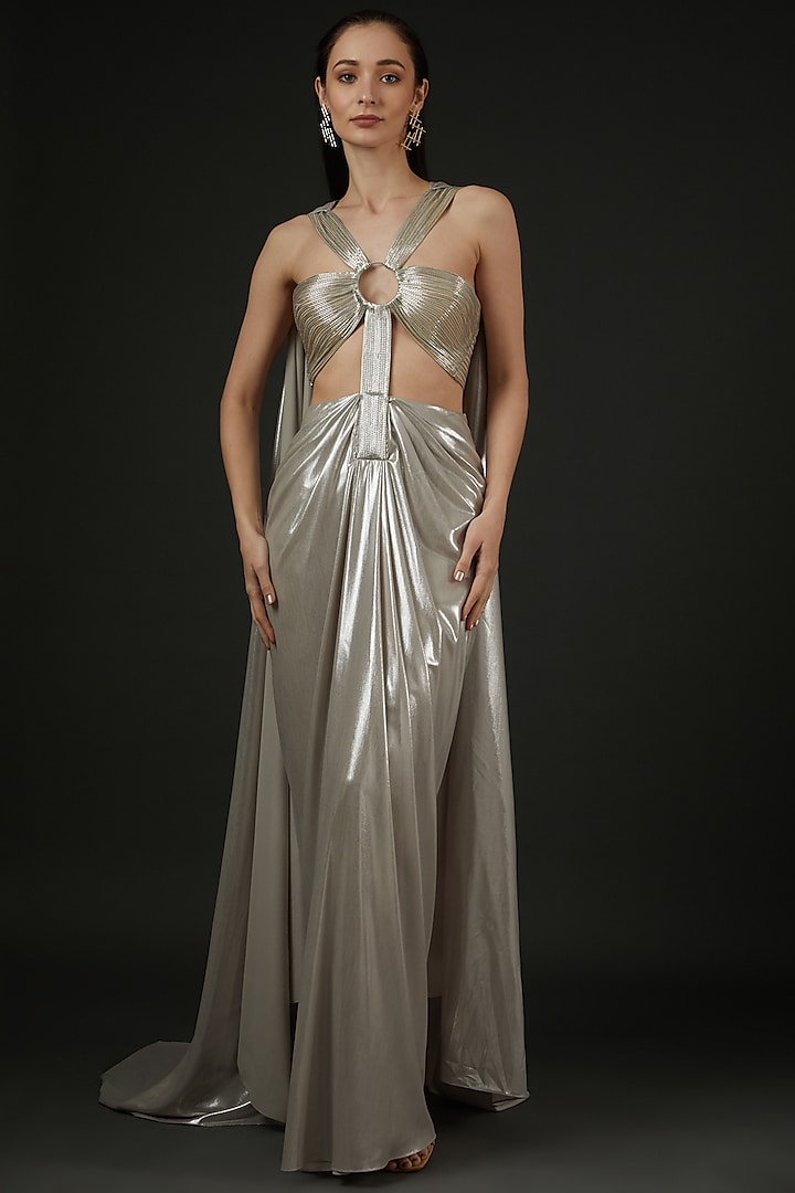 Silver Interlock Draped Gown by Amit Aggarwal