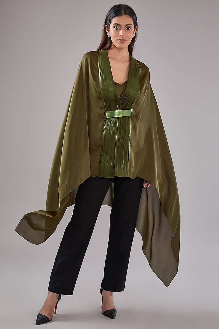 Olive Metallic Polymer & Crepe Chiffon Cape With Belt by Amit Aggarwal