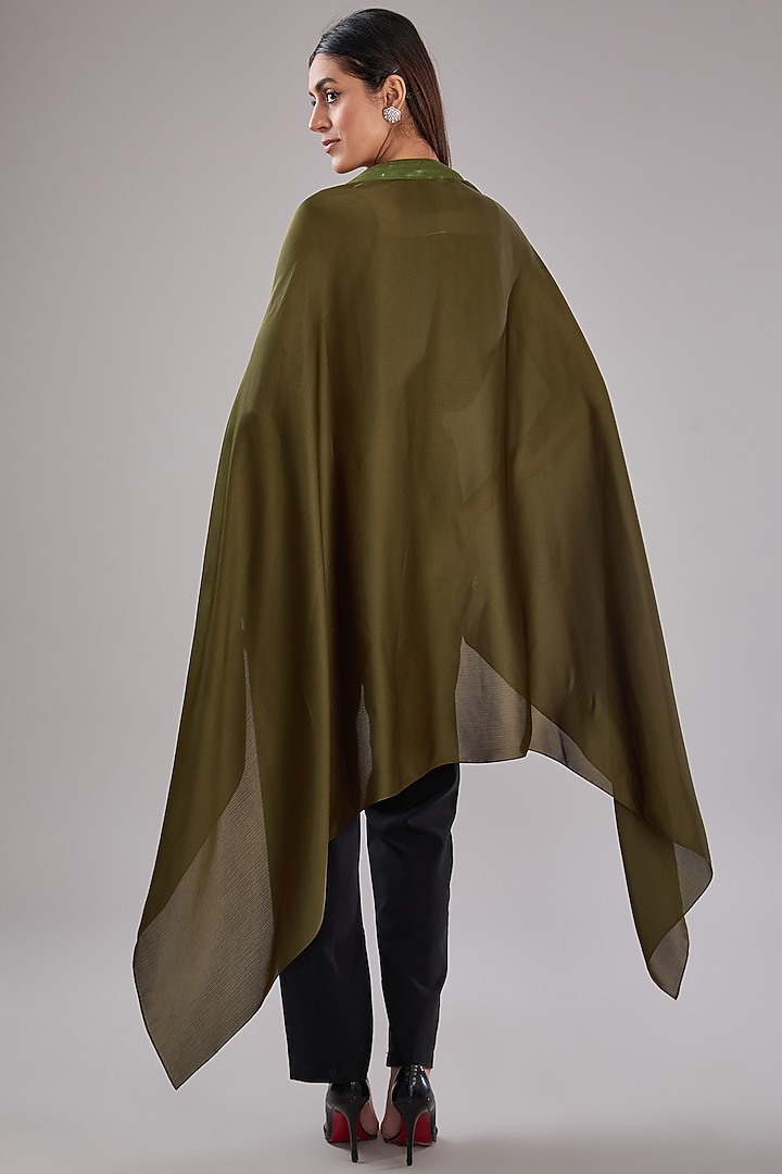 Olive Metallic Polymer & Crepe Chiffon Cape With Belt by Amit Aggarwal at Pernia's Pop Up Shop
