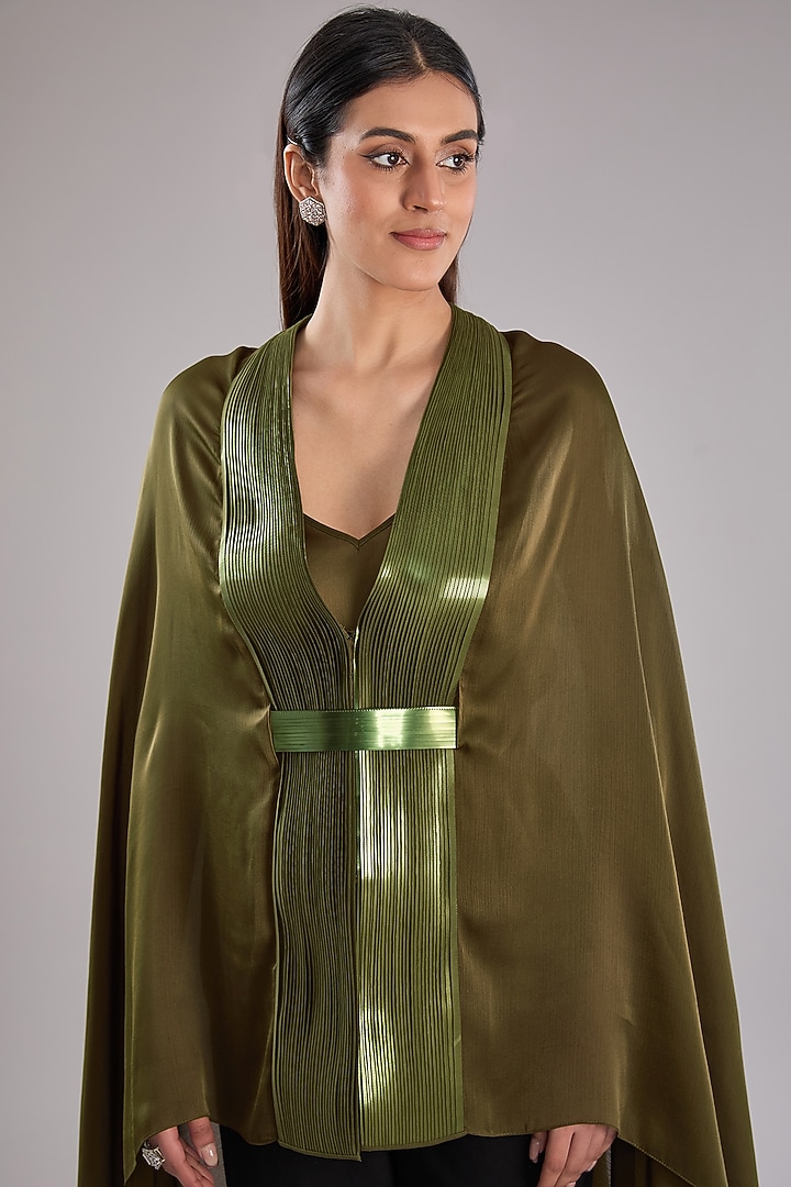 Olive Metallic Polymer & Crepe Chiffon Cape With Belt by Amit Aggarwal at Pernia's Pop Up Shop