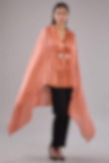 Coral Metallic Polymer & Crepe Chiffon Cape With Belt by Amit Aggarwal