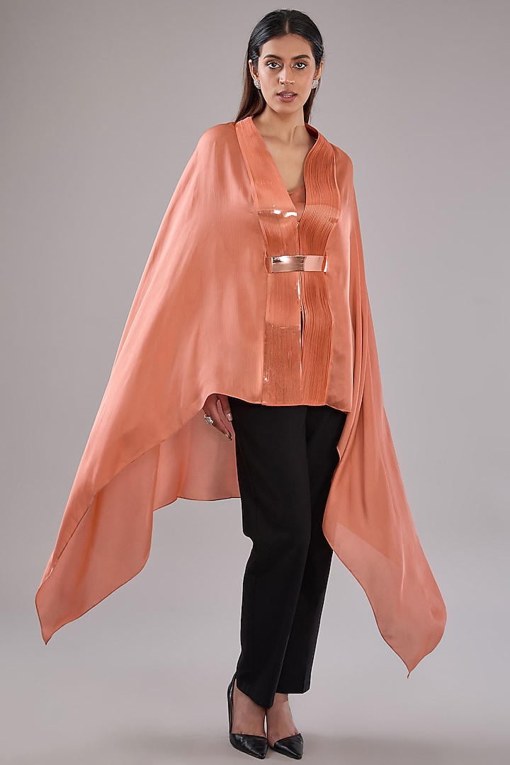 Coral Metallic Polymer & Crepe Chiffon Cape With Belt by Amit Aggarwal