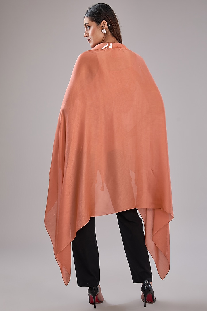 Coral Metallic Polymer & Crepe Chiffon Cape With Belt by Amit Aggarwal at Pernia's Pop Up Shop