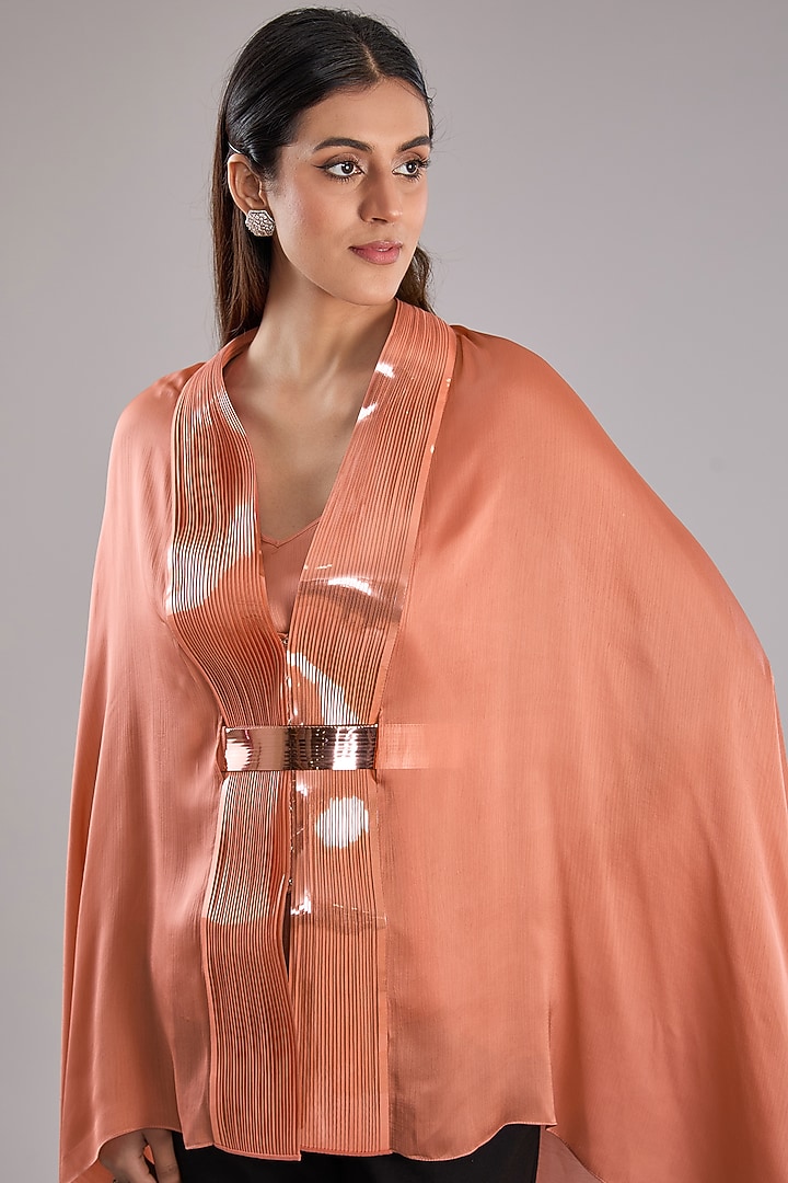 Coral Metallic Polymer & Crepe Chiffon Cape With Belt by Amit Aggarwal at Pernia's Pop Up Shop