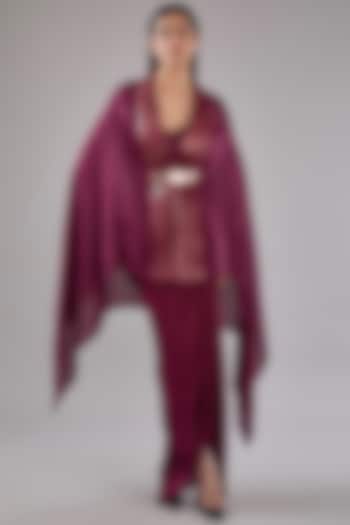 Plum Metallic Polymer & Crepe Chiffon Cape With Belt by Amit Aggarwal