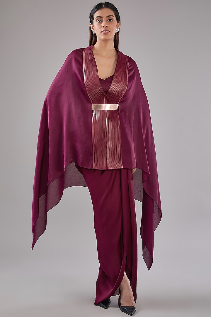 Plum Metallic Polymer & Crepe Chiffon Cape With Belt by Amit Aggarwal