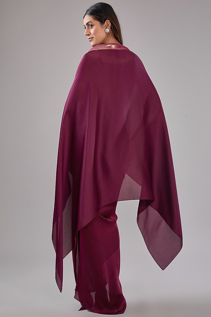 Plum Metallic Polymer & Crepe Chiffon Cape With Belt by Amit Aggarwal at Pernia's Pop Up Shop
