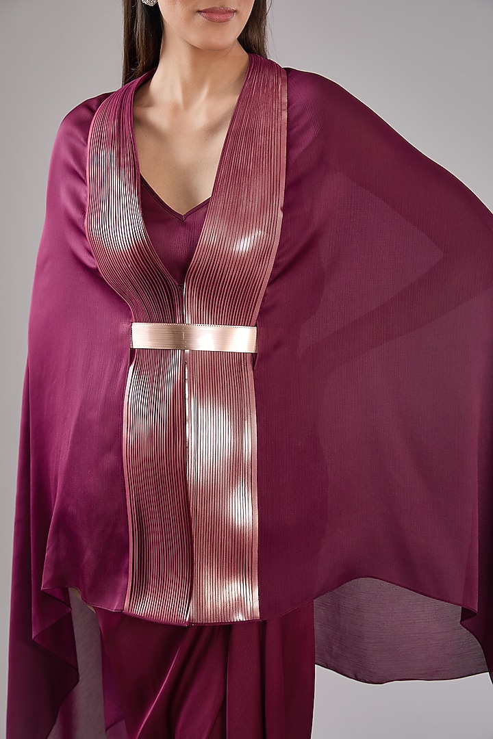 Plum Metallic Polymer & Crepe Chiffon Cape With Belt by Amit Aggarwal at Pernia's Pop Up Shop