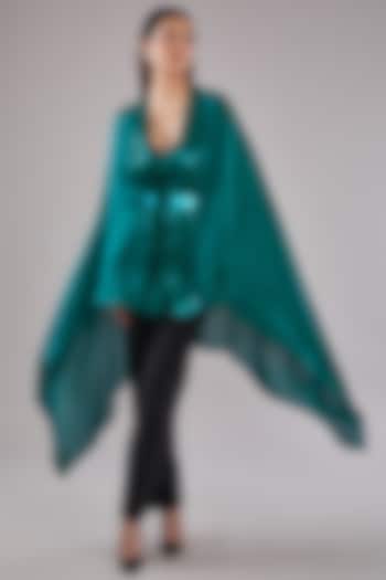 Teal Metallic Polymer & Crepe Chiffon Cape With Belt by Amit Aggarwal