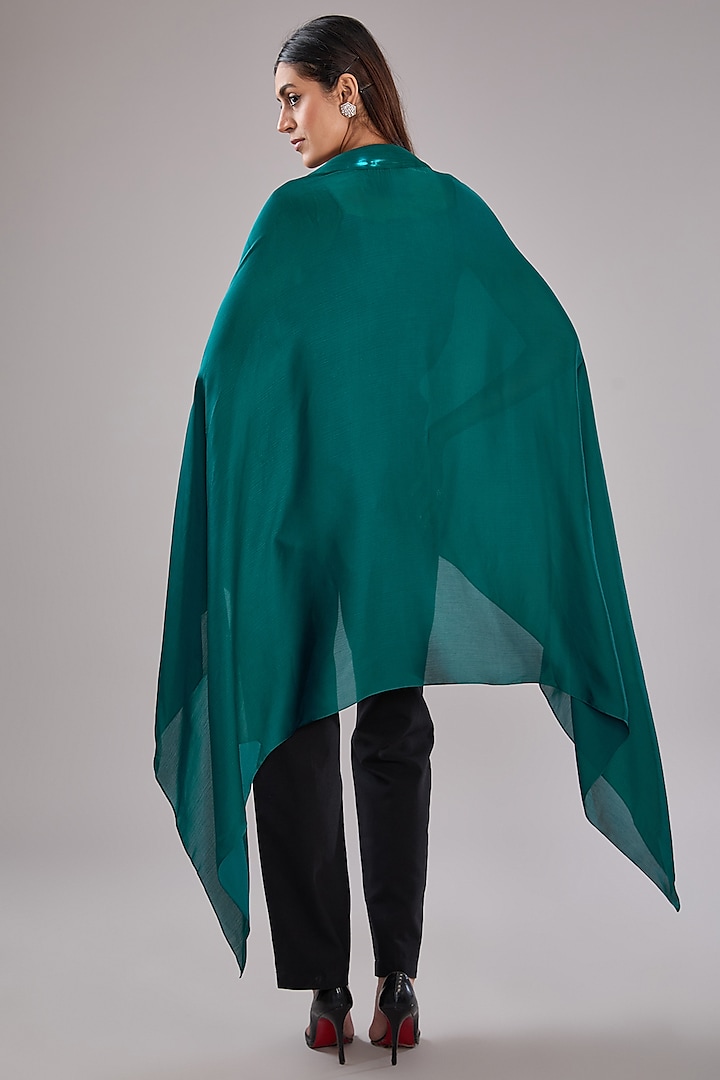 Teal Metallic Polymer & Crepe Chiffon Cape With Belt by Amit Aggarwal at Pernia's Pop Up Shop
