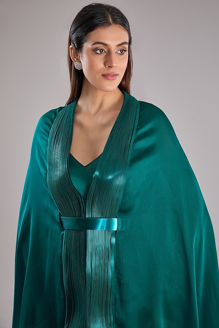 Teal Metallic Polymer & Crepe Chiffon Cape With Belt by Amit Aggarwal at Pernia's Pop Up Shop
