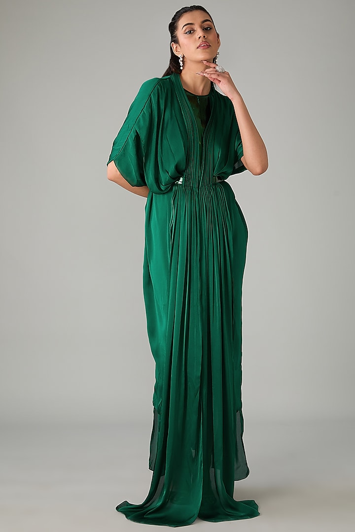 Green Metallic Polymer & Crepe Chiffon Gown by Amit Aggarwal