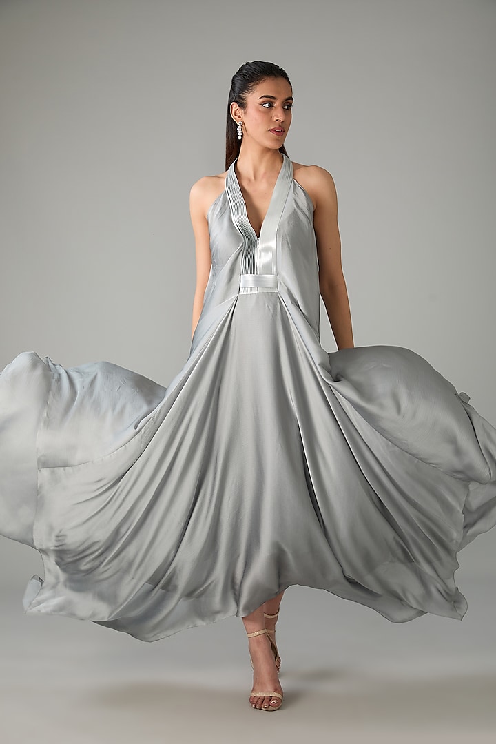 Silver Metallic Polymer & Crepe Chiffon Dress by Amit Aggarwal