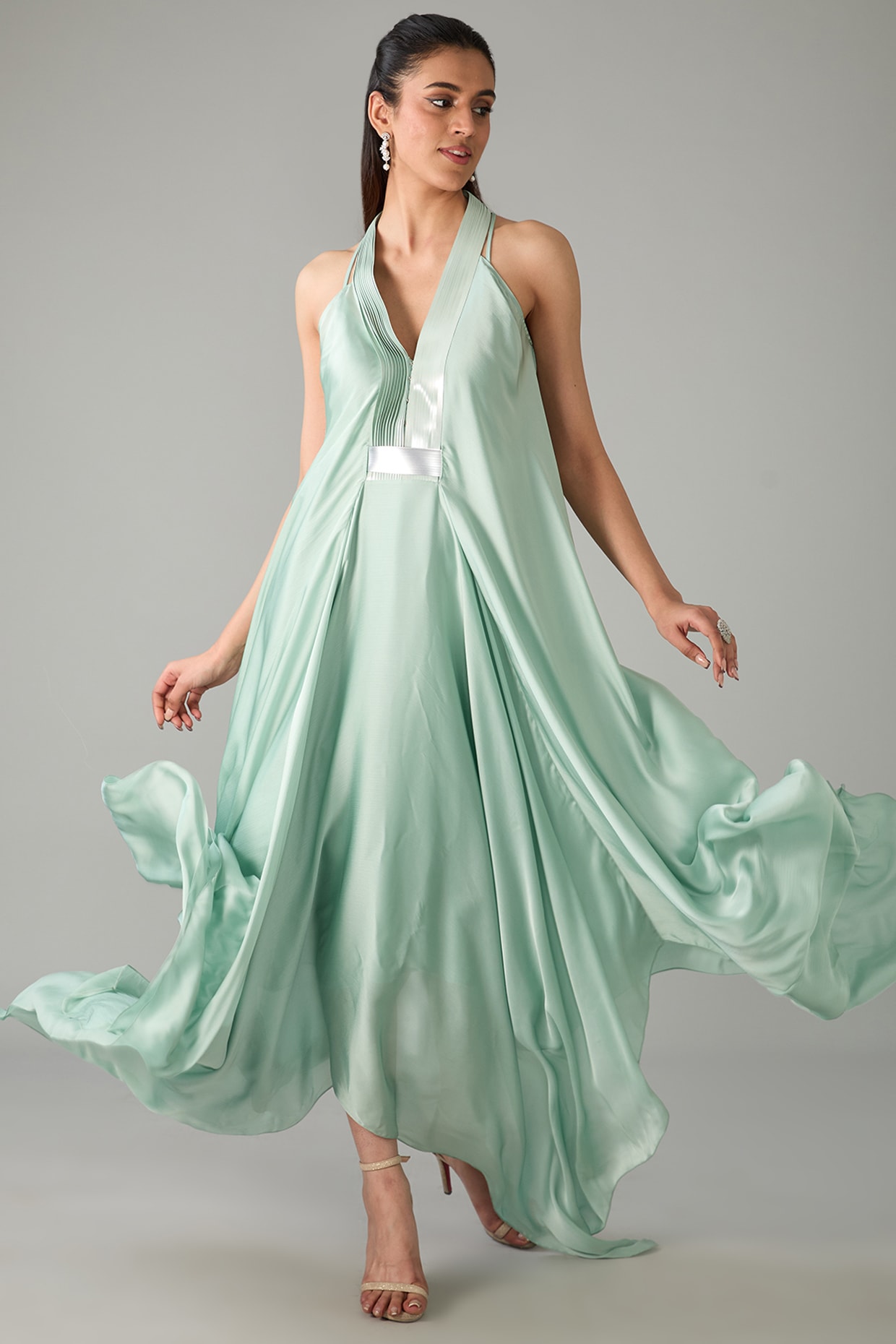 Mint Metallic Polymer & Crepe Chiffon Dress by Amit Aggarwal at