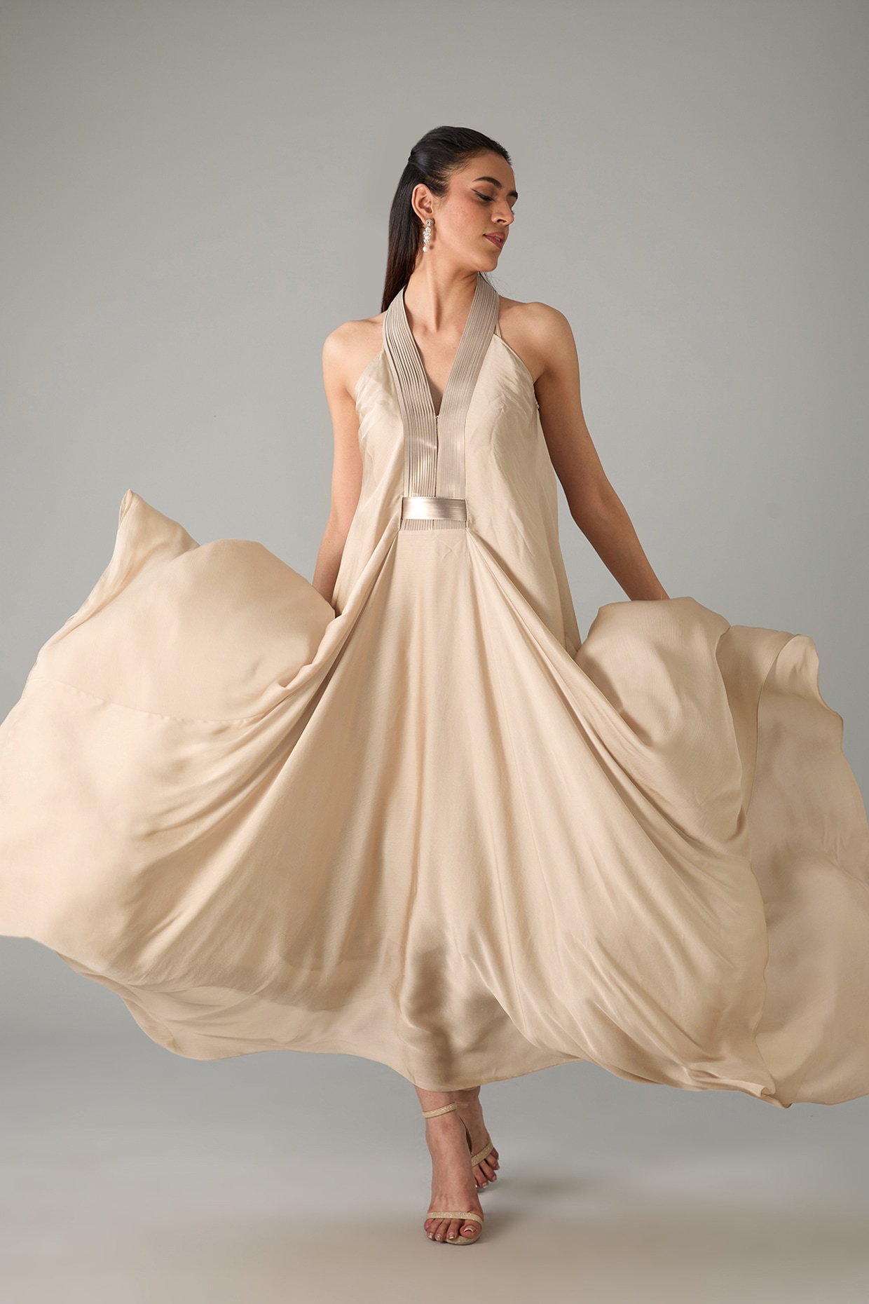Amit Aggarwal Champagne Metallic Polymer Crepe Chiffon Dress for Women at Pernia s Pop Up Shop