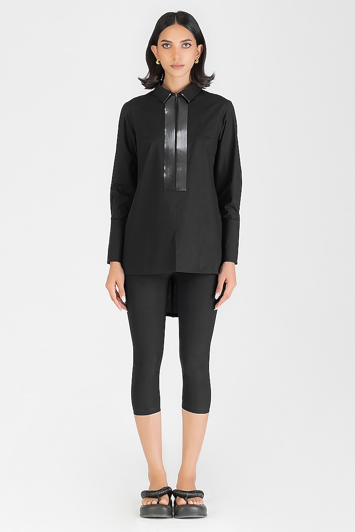 Black Poplin Metallic Pleated Shirt by Amit Aggarwal at Pernia's Pop Up Shop