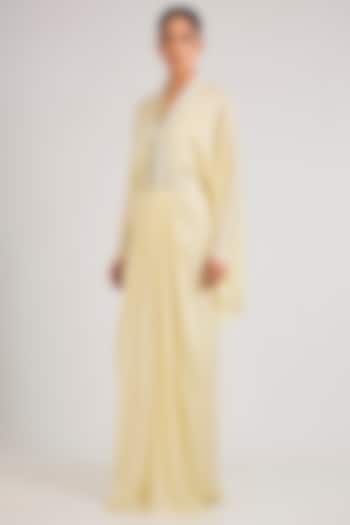 Butter Yellow Chiffon Kaftan With Belt by Amit Aggarwal at Pernia's Pop Up Shop