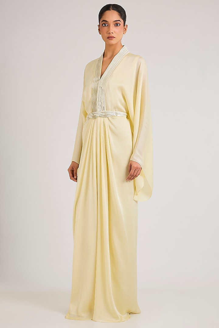 Butter Yellow Chiffon Kaftan With Belt by Amit Aggarwal at Pernia's Pop Up Shop