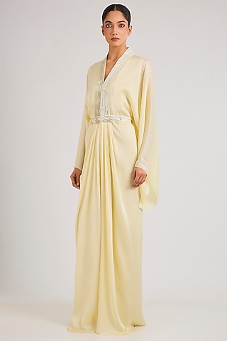 Butter Yellow Chiffon Kaftan With Belt by Amit Aggarwal