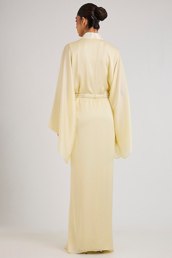 Butter Yellow Chiffon Kaftan With Belt by Amit Aggarwal at Pernia's Pop Up Shop