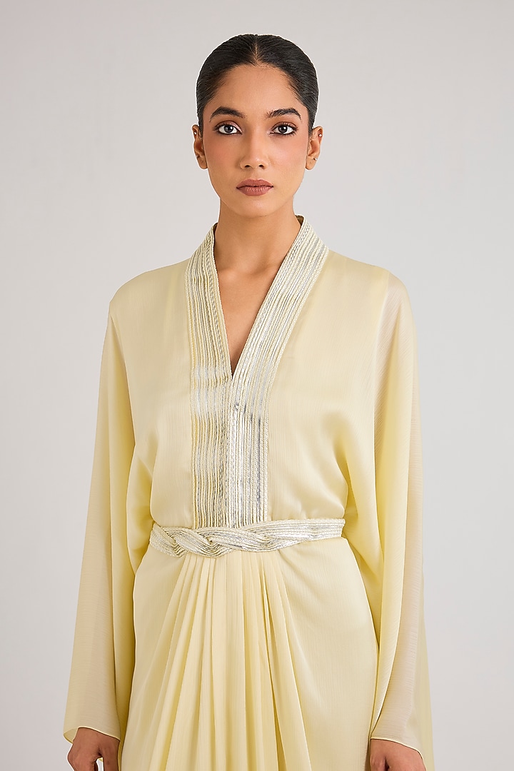 Butter Yellow Chiffon Kaftan With Belt by Amit Aggarwal at Pernia's Pop Up Shop